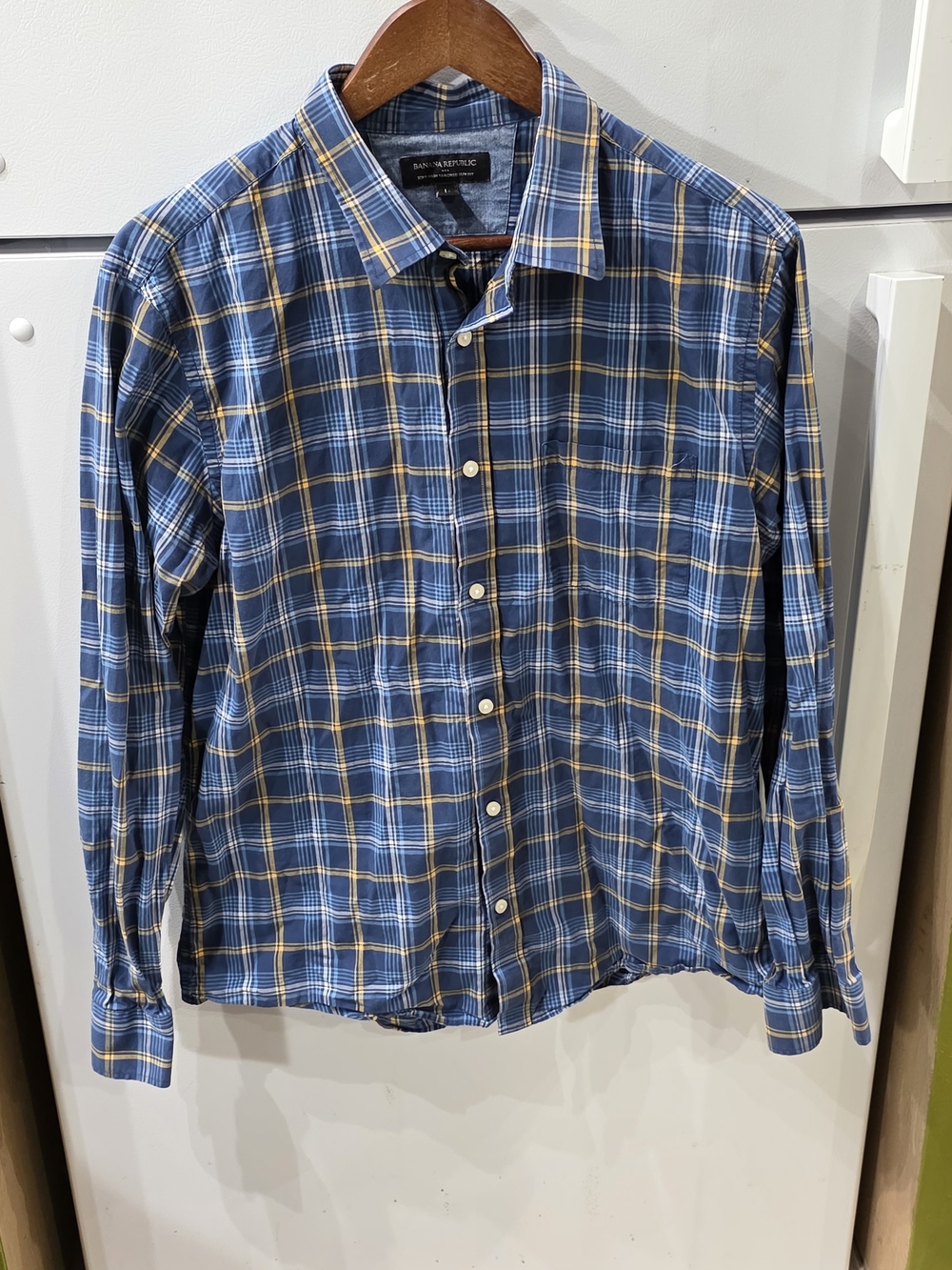 Banana Republic Blue Plaid Button-Down Shirt with Yellow Accents